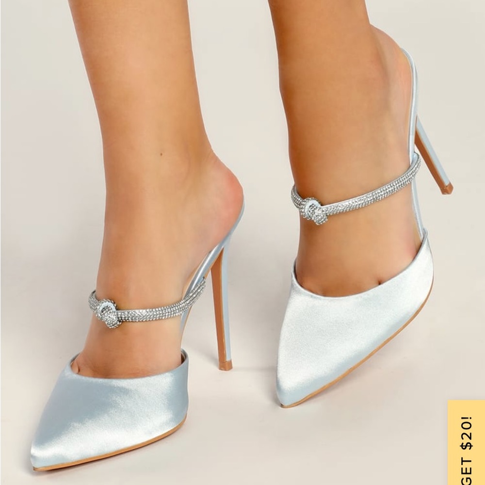 LuLus Marinala Blue Satin Rhinestone Pointed-Toe Mule Pumps 6.5